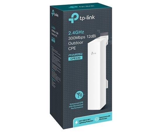  TP-LINK SMB CPE220, Wi-Fi Точка доступа внешняя, 2.4Ghz, 300Mbps High power, 802.11b/g/n, wirelss transmit power up to 30dBm, 2T2R, 12dBi directional antenna, 2 10/100Mbps LAN ports, IPX5 waterproof certification, Passive PoE 