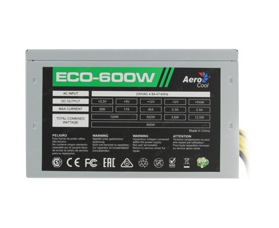  Блок питания Aerocool ECO-600W ATX v2.3 Haswell, fan 12cm, 400mm cable, power cord, 20+4P, 12V 4+4P, 1x PCI-E 6+2P, 4x SATA, 3x PATA, 1x F 