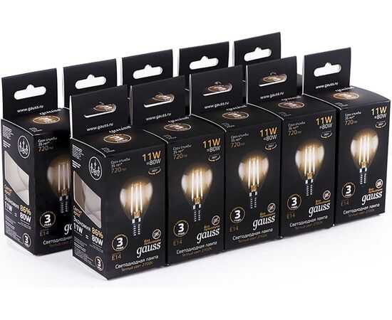  Лампа светодиодная Gauss Filament 105801111 11Вт цок.E14 шар 220B 2700K св.свечения белый теплый уп/10шт 