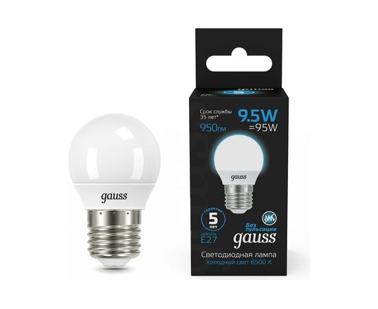  Лампа светодиодная Gauss 105102310 9.5Вт цок.E27 шар 220B 6500K св.свечения белый холодный уп/10шт 