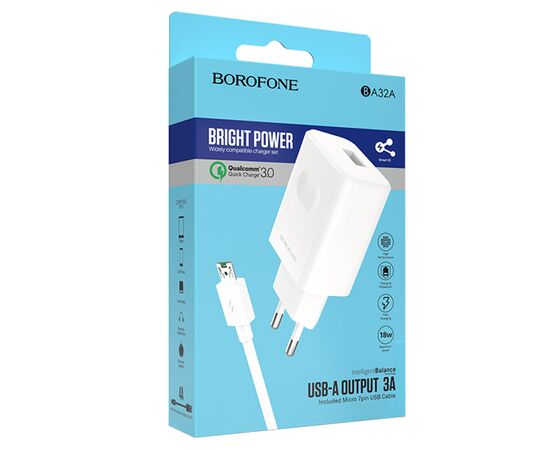  Сетевое зарядное устройство BOROFONE BA32A Bright power 1xUSB с Кабелем USB - Micro, 3A, 18W, белый 