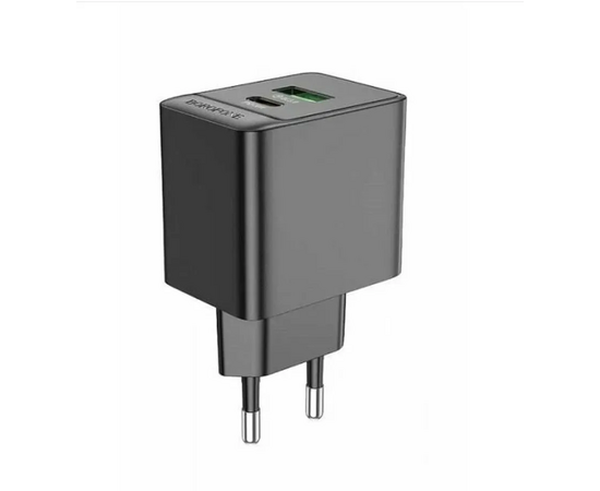  Блок питания сетевой 1 USB, Type-C Borofone BAS14A Erudite, пластик, PD20Вт, QC3.0, цвет: чёрный (1/70/280) 