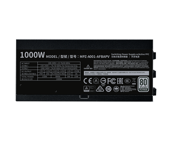  Блок питания Cooler Master V1000 Power Supply, MPZ-A001-AFBAPV-EU 1000W, ATX, 135mm, 12xSATA, 8xPCI-E(6+2), APFC, 80+ Platinum 