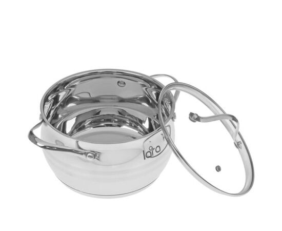  Кастрюля LARA (нерж) серия apple 16х10см. 2.1л.стал. ручки,капсулир индукц дно.крышка стекло 