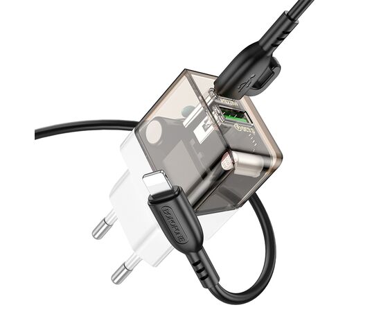  Сетевое зарядное устройство BOROFONE BA80A Scenery 1xUSB + 1xUSB-C с Кабелем Type-C - Lightning, 20W, черный 