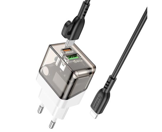  Сетевое зарядное устройство BOROFONE BA80A Scenery 1xUSB + 1xUSB-C с Кабелем Type-C - Lightning, 20W, черный 