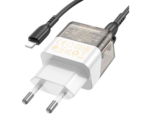  Сетевое зарядное устройство BOROFONE BA80A Scenery 1xUSB + 1xUSB-C с Кабелем Type-C - Lightning, 20W, черный 
