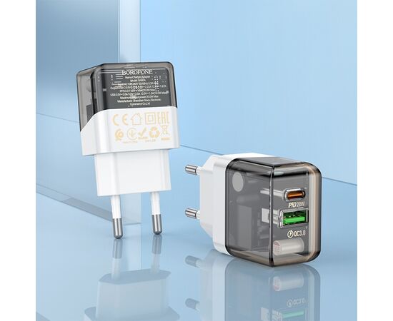  Сетевое зарядное устройство BOROFONE BA80A Scenery 1xUSB + 1xUSB-C с Кабелем Type-C - Lightning, 20W, черный 