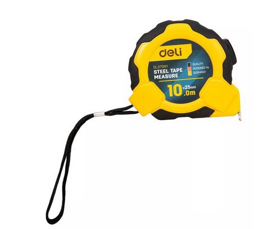 Рулетка Deli DL3799 10м*25мм, Автостоп, ударопрочный корпус, метрическая 