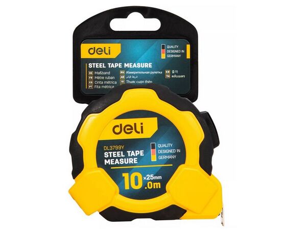  Рулетка Deli DL3799 10м*25мм, Автостоп, ударопрочный корпус, метрическая 