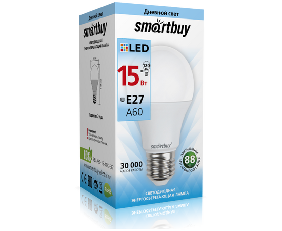  Лампа светодиодная SMARTBUY A60 15Вт 220V 4000K E27 (нейтральный свет) (1/10/50) 