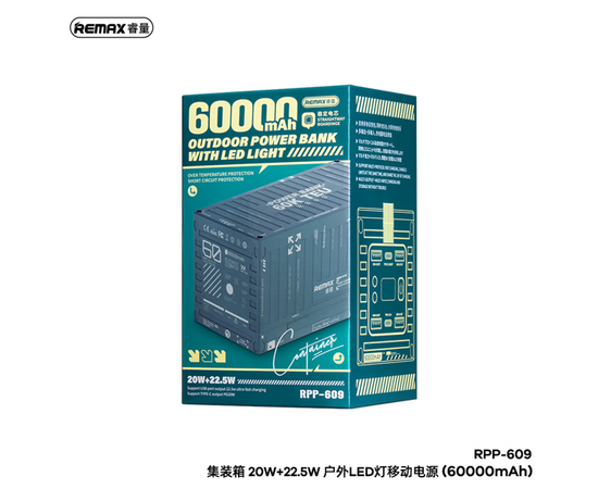  Внешний аккумулятор REMAX RPP-609 Container Series 60000mAh 22.5W с LED фонариком (Green) 