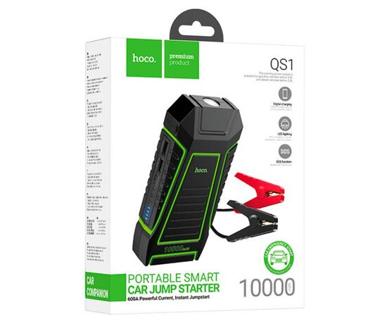  Пускозарядное  устройство для автомобиля HOCO QS1  10000 mah+ car для  аварийного завода машины /In Type-C 3 A/Out USB 1-2 2.4 A/18w/12V черная 