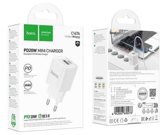  Сетевой адаптер HOCO C147A Charm PD20W+QC3.0 Charger (EU) - White 