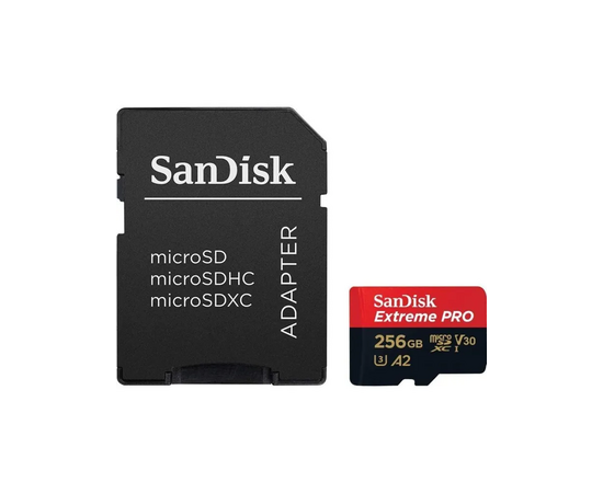  MicroSDXC  256GB  SanDisk Class 10 Extreme Pro A2 V30 UHS-I U3 (200 Mb/s) + SD адаптер 