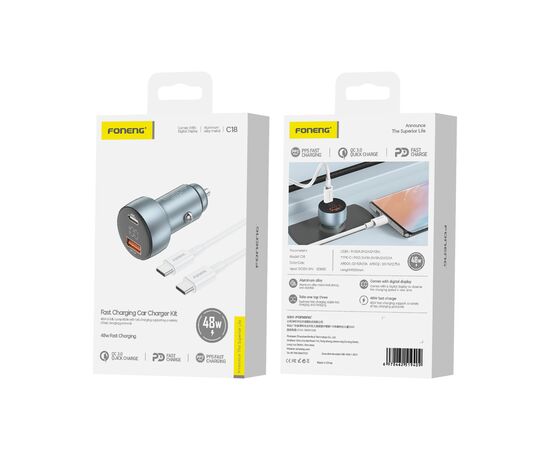  Автомобильное зарядное устройство (АЗУ) Foneng C18 USB + USB-C 48W + кабель Type-C to Type-C (Metal gray / Silver) 