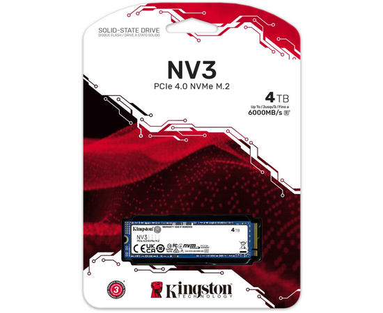  SSD Kingston NV3 SNV3S/4000G, 4000GB, M.2(22x80mm), NVMe, PCIe 4.0 x4, R/W 6000/5000MB/s, TBW 1280, DWPD 0.3 