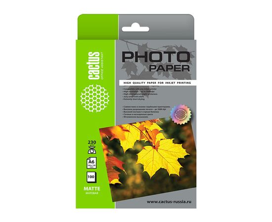  Фотобумага Cactus CS-MA6230100 10x15/230г/м2/100л/белый матовое для струйной печати 