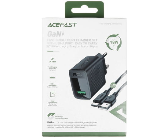  СЗУ ACEFAST A90 QC18W GaN single USB-A charger with charging cable USB-C-USB-A EU Black 